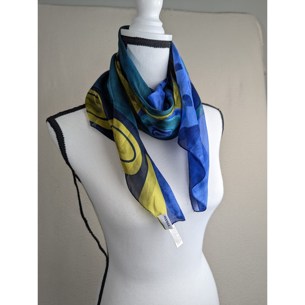 Volvo Scarf Poly Made In‎ Italy Blue Yellow Square 33x35 Artsy Geometric - Picture 4 of 6